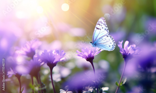 Bluish butterfly on wild purple flowers in grass in rays of sunlight.