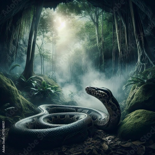Big Dangerous Green Anaconda Python Snake with Big open mouth teeth Venom Poison in Ancient amazon african jungle caves cinematic poster art ancient snake animal stories scene concept fear scary