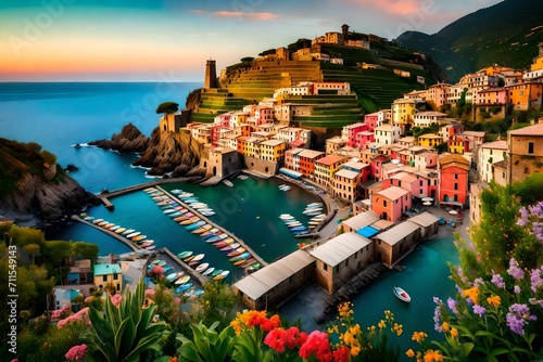 Colorful landscape view of Vernazza village and harbor aerial view on beautiful sunset and flowers in Cinque Terre, Ligury, Italy. Seascape in Five lands in Cinque Terre National Park photo