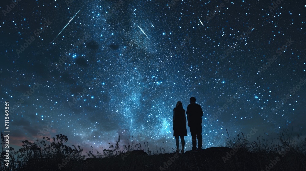couple with their backs to each other, standing on top of a hill, witnessing the beauty of a meteor shower in the night sky generative ai