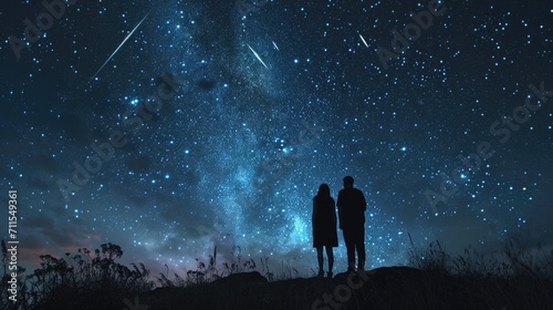 couple with their backs to each other, standing on top of a hill, witnessing the beauty of a meteor shower in the night sky generative ai