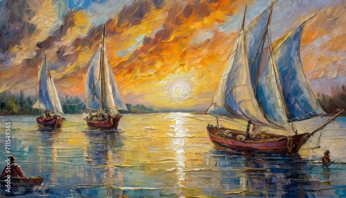 a realistic oil painting on canvas illustrating the enchanting scene of boats drifting under a brilliant sunset. Focus on the details of the boats, capturing the texture of the sails and the reflectio photo