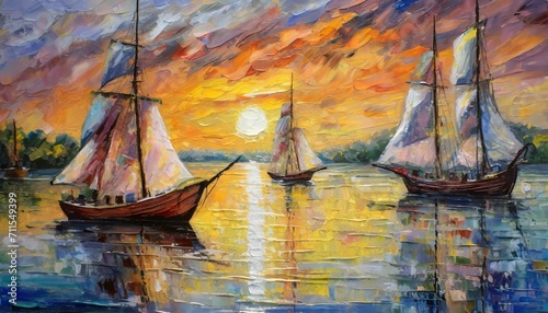 ship at sunset.a realistic oil painting on canvas illustrating the enchanting scene of boats drifting under a brilliant sunset. Focus on the details of the boats  capturing the texture of the sails an