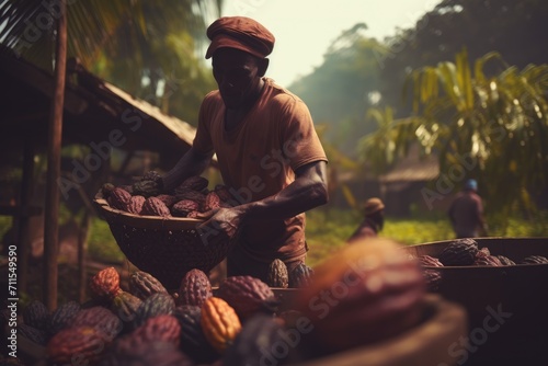 Cocoa Harvest: Explore the Vibrant Cocoa Plantation, Where Workers Harvest Cocoa Pods and Undertake Agricultural Processing, Unveiling the Essence of the Cocoa Industry 