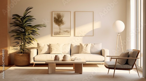 A modern living room with minimalist furniture, a beige sofa and a stylish standing lamp, against a warm peach wall. 