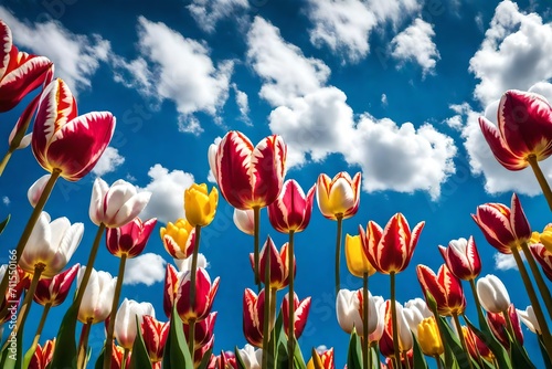 Colorful Dutch tulips against a blue sky with white clouds