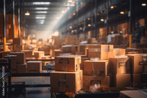 Logistics Mastery: E-commerce Fulfillment with a Warehouse Featuring Efficient Physical Storage, Boxes Packed on Shelves, and Automated Technology for Streamlined Order Processing. photo