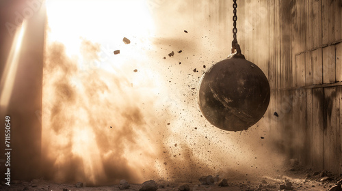 Wrecking ball in action at a demolition site. Dust and debris flying around