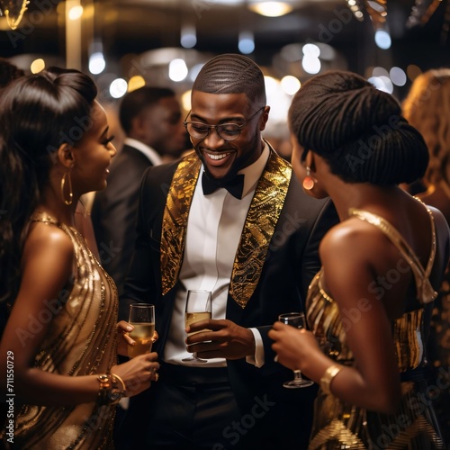Smiling, elegantly, dressed in a black and gold suit, a Black man and two Black women in gold dresses or having glasses of champagne. Celebrating Black History Month!