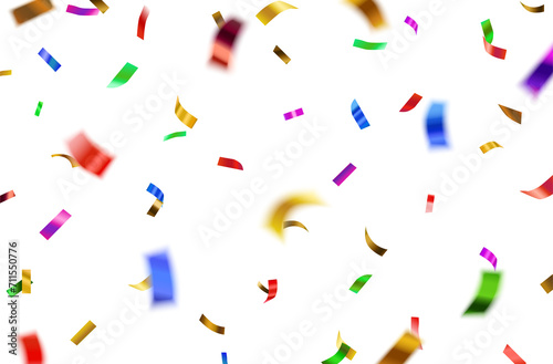 Realistic colorful flying confetti streamers, celebration, party, decorative elements on transparent background