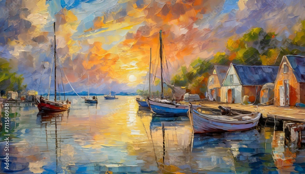 a captivating oil painting on canvas featuring a coastal sunset with boats anchored in a reflective harbor. Use a soft color palette to create a dreamy ambiance, emphasizing the reflection of the boat