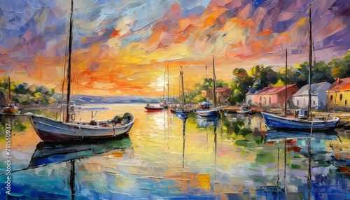 boats at sunset.a captivating oil painting on canvas featuring a coastal sunset with boats anchored in a reflective harbor. Use a soft color palette to create a dreamy ambiance, emphasizing the reflec photo