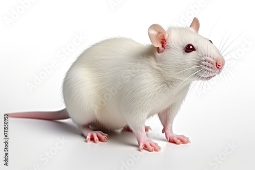 A white rat sitting on a white surface. Laboratory animal, testing model for research.