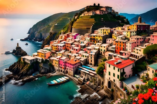 Colorful landscape view of Vernazza village and harbor aerial view on beautiful sunset and flowers in Cinque Terre, Ligury, Italy. Seascape in Five lands in Cinque Terre National Park photo