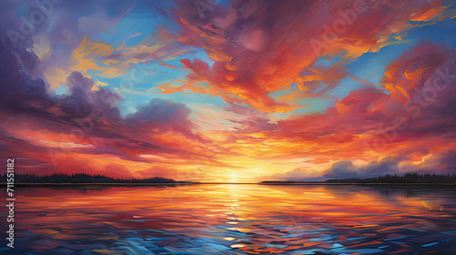 A vibrant and colorful sunset sky with bold brushstrokes, creating a sense of energy and movement Ai Generative