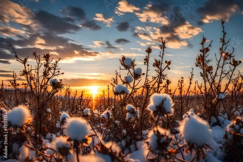 Arctic cotton on background of the sunset sky
