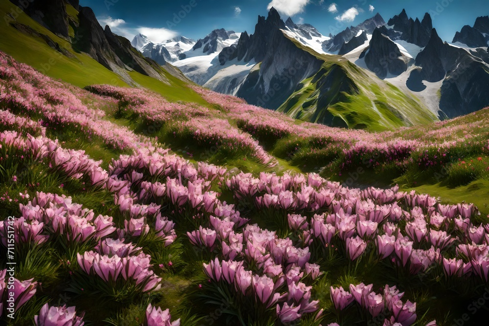 he sharp Alpine peaks of Mont Blanc with snow and glaciers soar above the spring meadows, where rhododendrons bloom