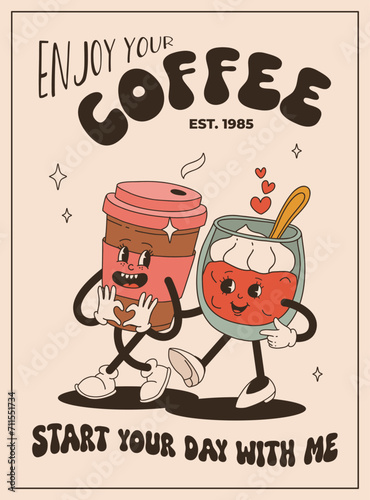 Valentine's Day set of vintage characters. Happy and cheerful retro. Old animation 50s, 60s 70s, groovy cartoon characters of coffee and sweets, donut, cupcake, espresso, latte, cocoa, cake. present.
