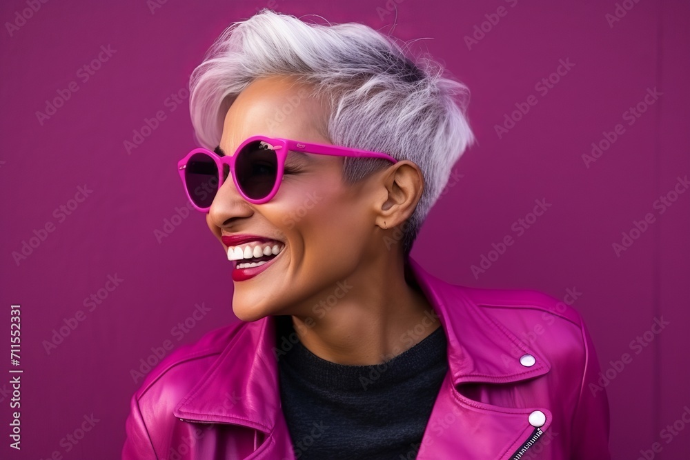 Portrait of a beautiful woman in pink sunglasses on a purple background Portrait of a beautiful woman in pink sunglasses on a purple background