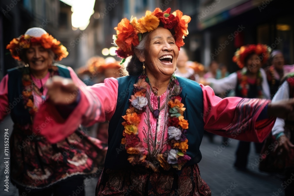 Sunset Rhythms in Quito: Cultural Heritage as Happy Women, Adorned in Local Costume, Gracefully Perform Traditional Dance at Sunset in Ecuador	
