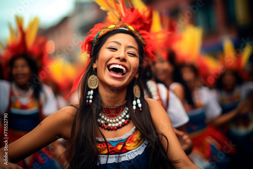 Sunset Rhythms in Quito: Cultural Heritage as Happy Women, Adorned in Local Costume, Gracefully Perform Traditional Dance at Sunset in Ecuador 