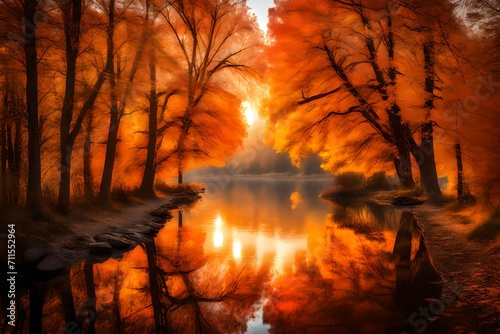 Vibrant sunset on river in the autumn