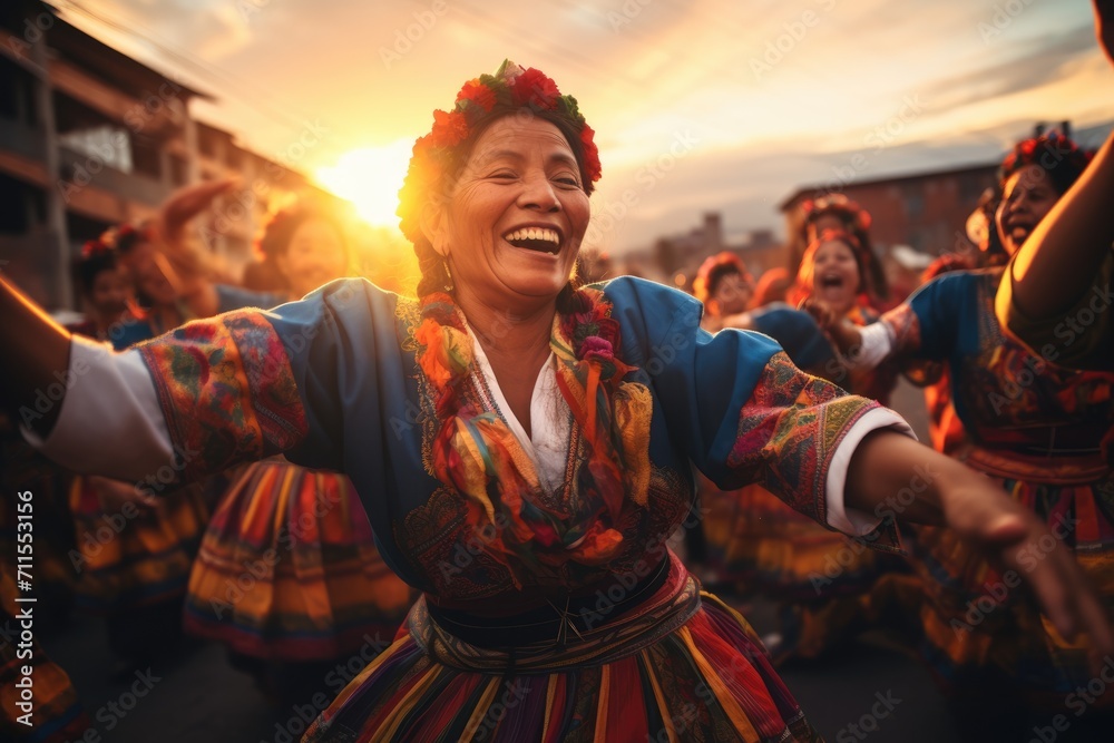 Sunset Rhythms in Quito: Cultural Heritage as Happy Women, Adorned in Local Costume, Gracefully Perform Traditional Dance at Sunset in Ecuador	
