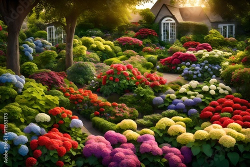 A pretty, lush ornamental garden, filled with healthy plants and bright, colorful hydrangea blossoms in multiple colors. © Muhammad
