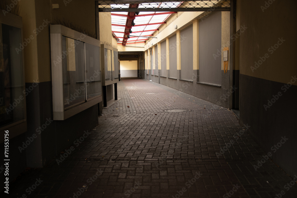 Narrow dark street in the town with door and window.