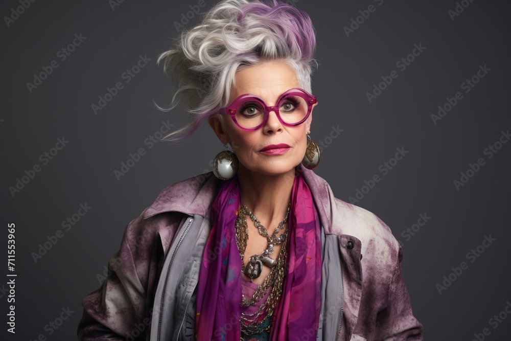 Fashionable senior woman with pink hair and glasses on dark background Fashionable senior woman with pink hair and glasses on dark background