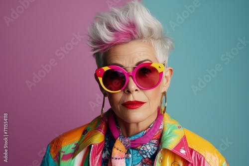 Retro style. Portrait of an attractive senior woman in sunglasses and a colorful jacket on a pink background.