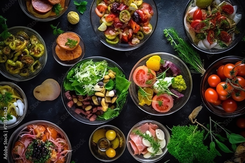 Vegetables and greens laid out for salad, vegetarian food preparation. low-calorie diet menu, vitamins from products