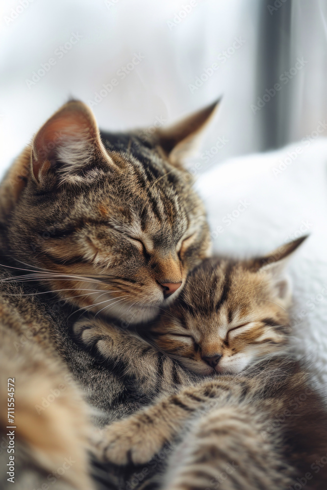 A cat with her cub, mother loves and cares in everyday life