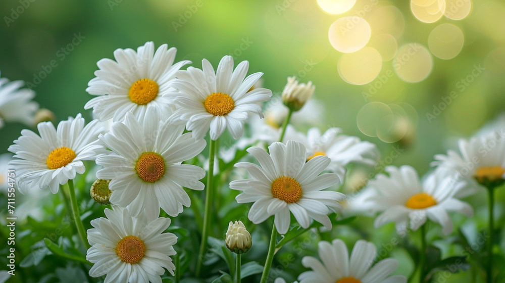 Fototapeta premium A charming wallpaper featuring daisies in full bloom. Delicate petals create a cheerful atmosphere with a touch of nature, ideal for a fresh and vibrant aesthetic.