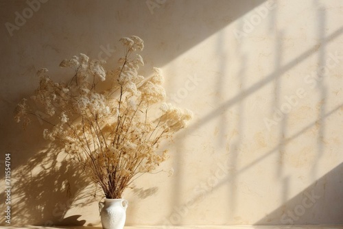 Dried gypsophila casting window shadow on a beige wall. Generative AI photo