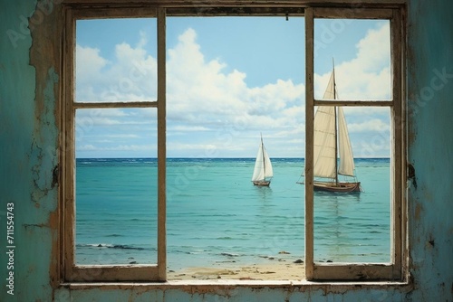 An ocean view through a window with a boat painting. Generative AI
