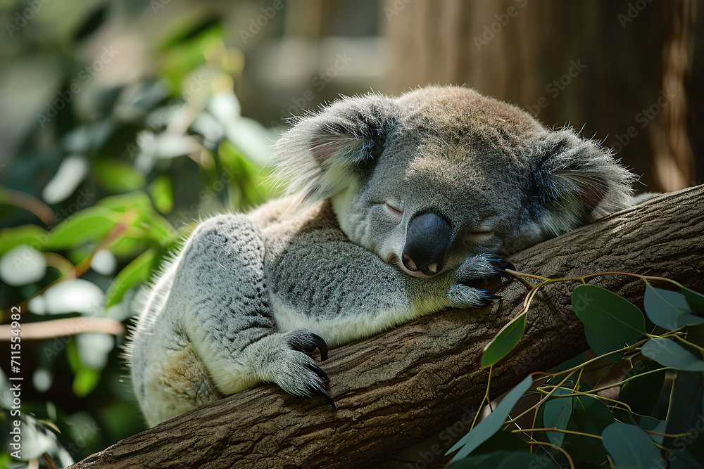 Fototapeta premium A koala curled up on a branch and took a nap.