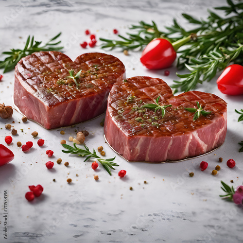 Two beautifl  heart shaped beef steaks spices wine Valentine s day stone background photo