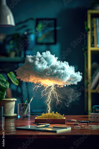 A tiny dark cloud with lightning above a desk