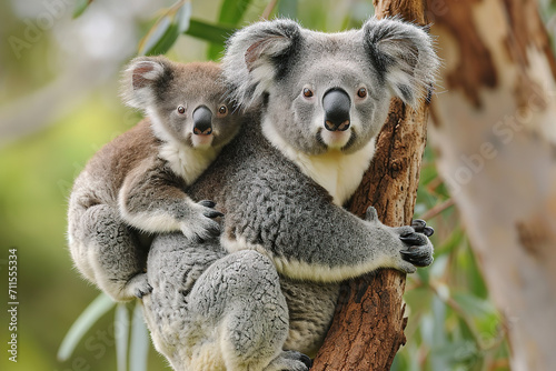 Mother and baby koala hug each other