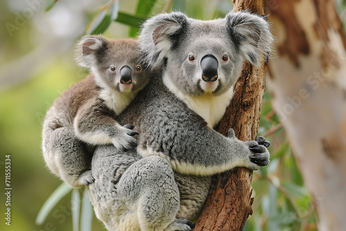 Mother and baby koala hug each other photo