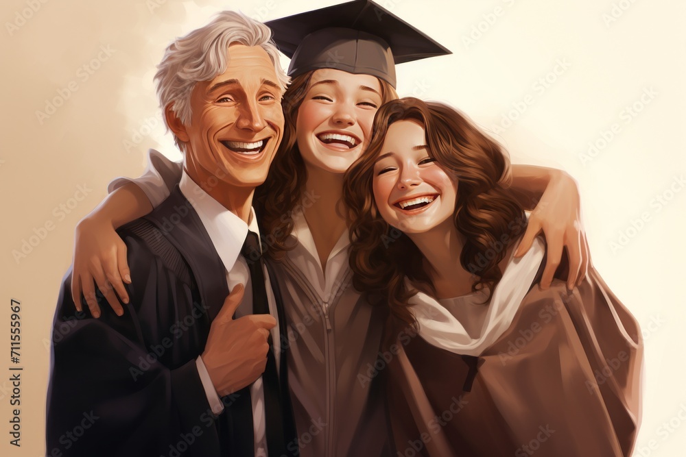 young female graduate wearing graduation clothes and celebrating with her parents