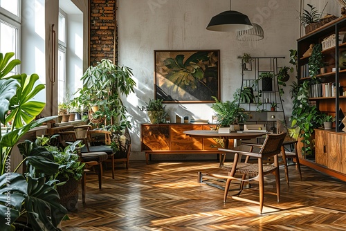 Stylish scandinavian open space with design furniture  plants  bamboo bookstand and wooden desk. Brown wooden parquet. Abstract painting. Modern decor of bright room next to dining room