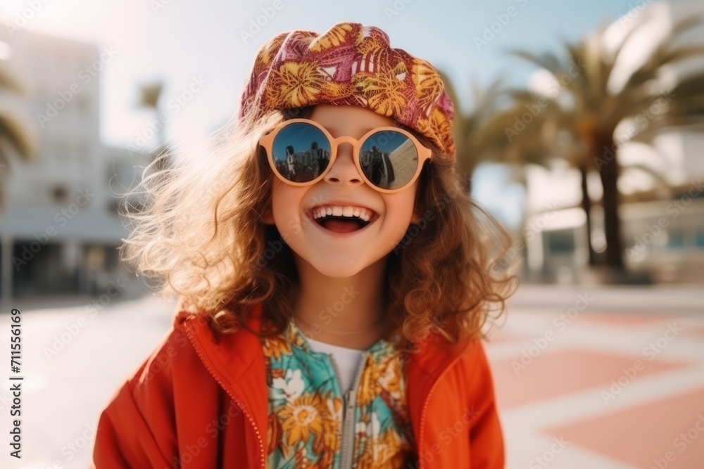 Portrait of a happy young girl in sunglasses on the street.