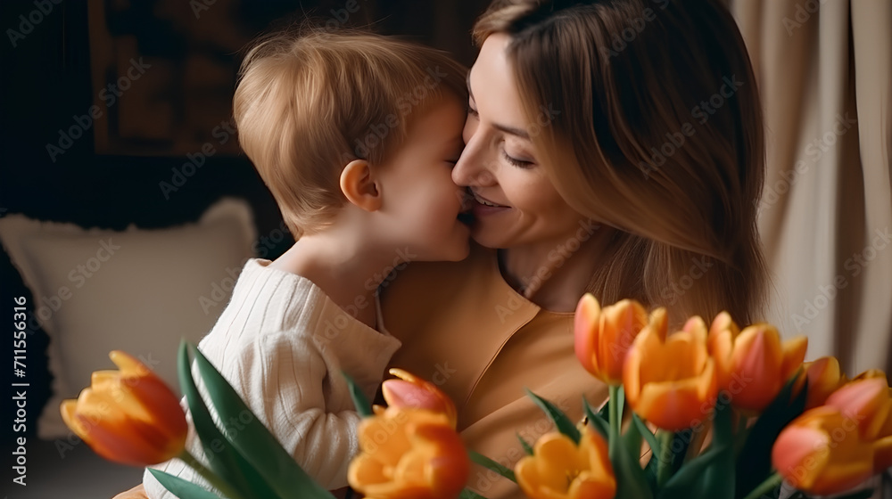 The little son gives his mother a bouquet of delicate pink tulips and hugs her. Women's Day, February 14, Mother's Day. The little son gives his mother a bouquet of delicate pink tulips and hugs her. Women's Day, February 14, Mother's Day.