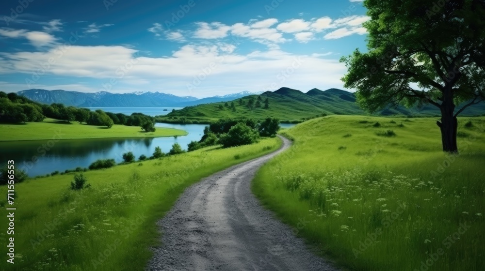 a path or road trough between green nature landscape, green grass, beautiful scenery nature wallpaper