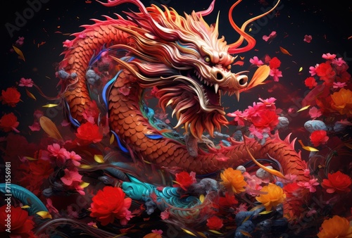 chinese dragon with fireworks in the background