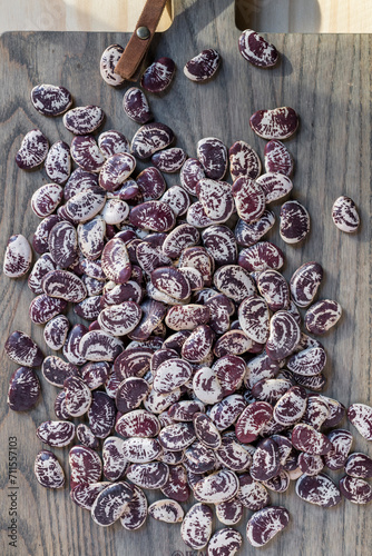 Beautiful heirloom beans on kitchen cutting board