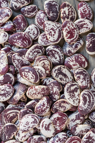 Close up of beautiful heirloom beans on kitchen cutting board