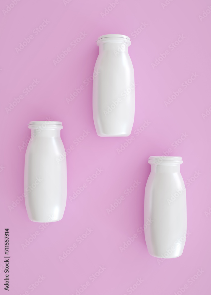 Yogurt bottles on pink background. Concept - Yogurt with probiotic content. 3d-rendering Yogurt bottles on pink background. Concept - Yogurt with probiotic content. 3d-rendering